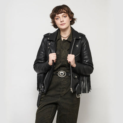 Women's Classic Leather Motorcycle Riding Jacket with fringe- "Lesley"