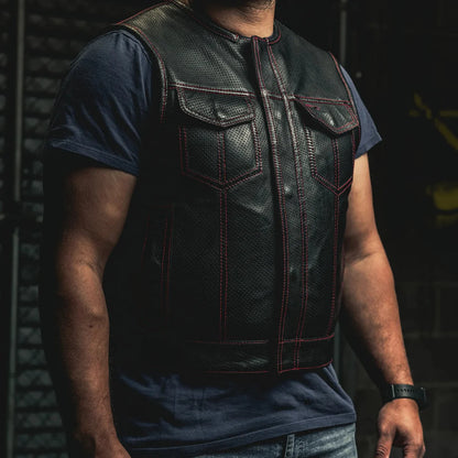 Men's Perforated Club Style Leather Motorcycle Vest- Lowside