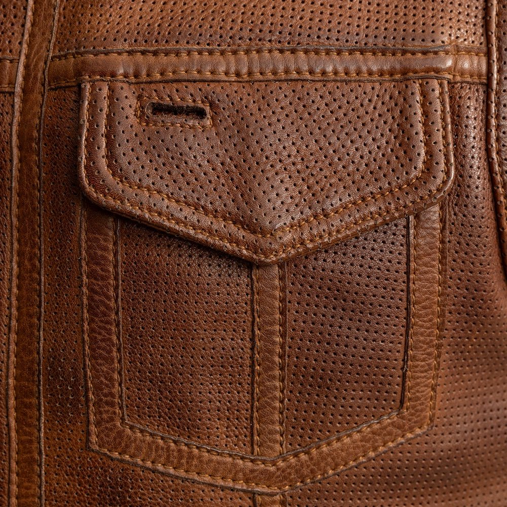 Men's Perforated Club Style Leather Motorcycle Vest- "Lowside" in Cognac