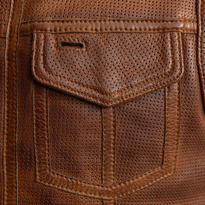 Men's Perforated Club Style Leather Motorcycle Vest- "Lowside" in Cognac