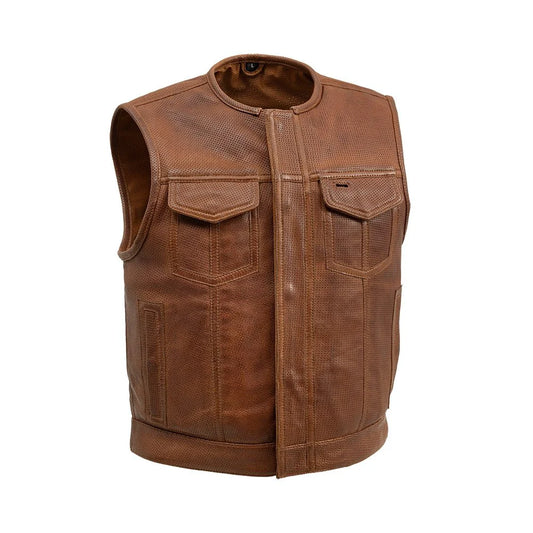 Men's Perforated Club Style Leather Motorcycle Vest- "Lowside" in Cognac
