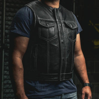 Men's Perforated Club Style Leather Motorcycle Vest- Lowside