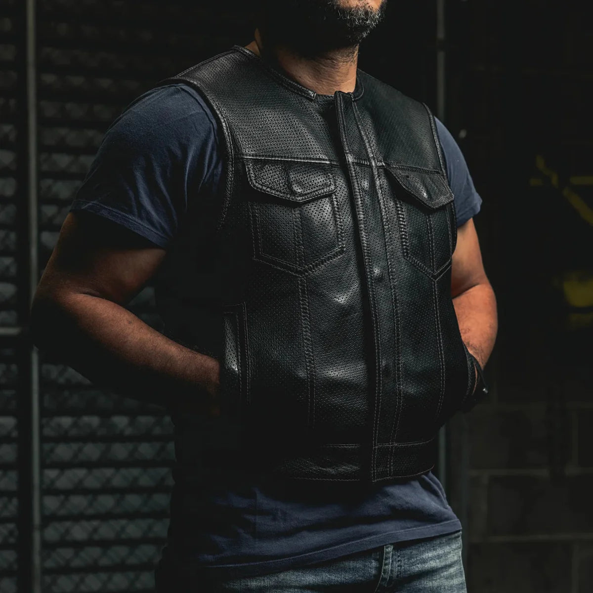 Men's Perforated Club Style Leather Motorcycle Vest- Lowside