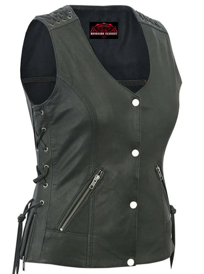 Women's Black Leather Vest with Grommet and Lacing Accents