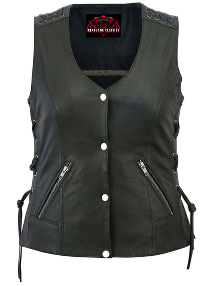 Women's Black Leather Vest with Grommet and Lacing Accents