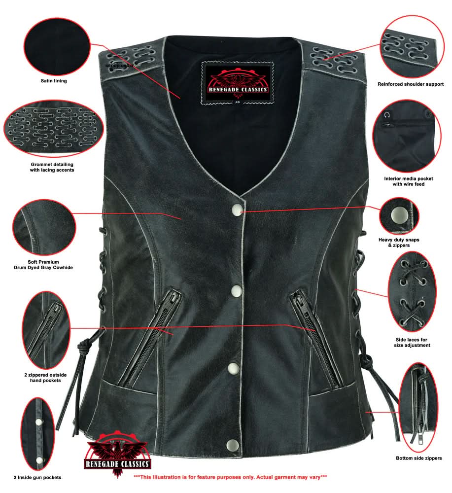 Women's Gray Leather Vest with Grommet and Lacing Accents