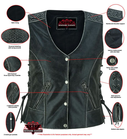 Women's Gray Leather Vest with Grommet and Lacing Accents