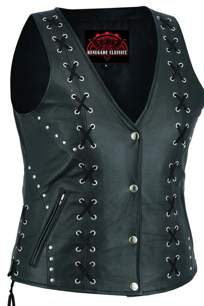 Women's Leather Open Neck Vest with Lacing Details