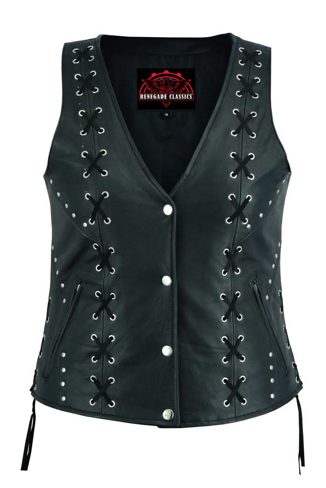 Women's Leather Open Neck Vest with Lacing Details