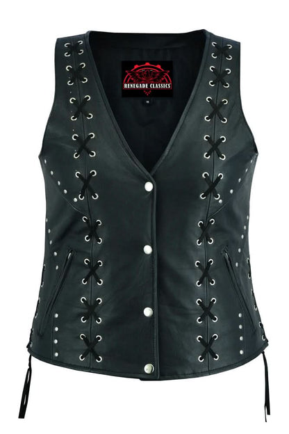 Women's Leather Open Neck Vest with Lacing Details