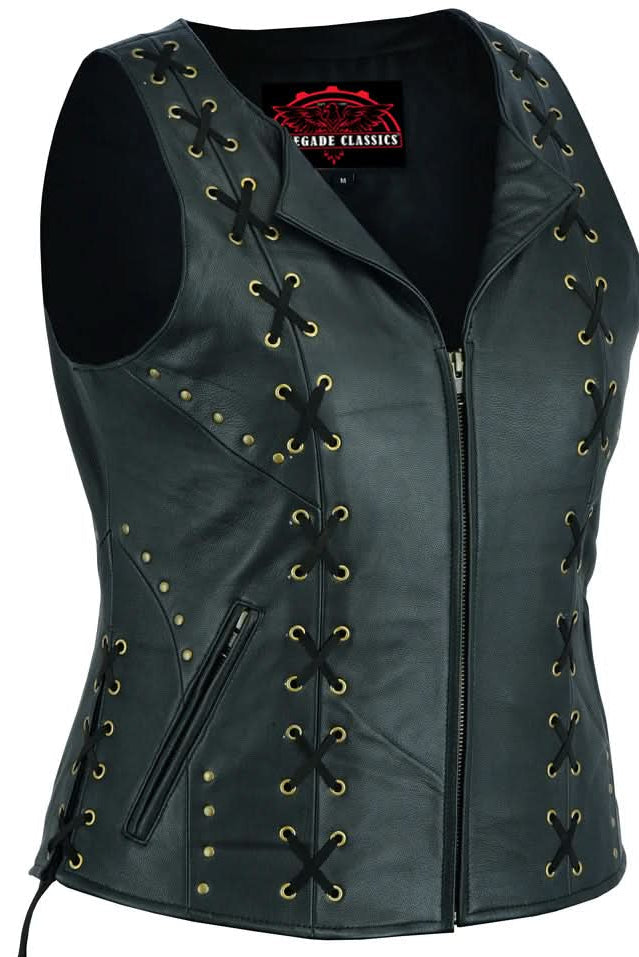 Women's Black Leather Zippered Vest with Lacing Details