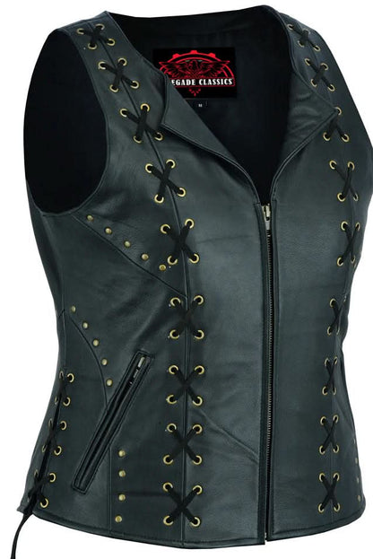 Women's Black Leather Zippered Vest with Lacing Details