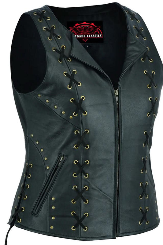 Women's Black Leather Zippered Vest with Lacing Details