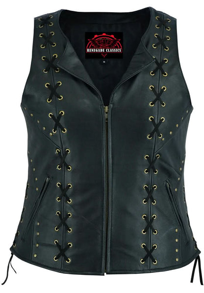 Women's Black Leather Zippered Vest with Lacing Details
