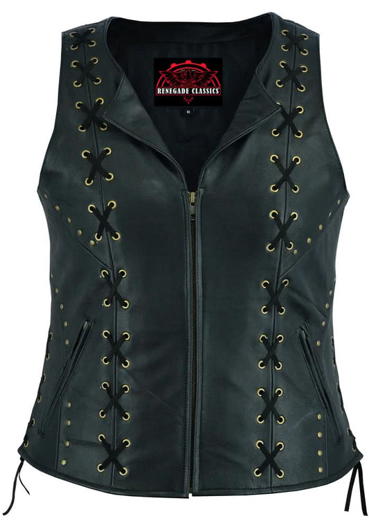 Women's Black Leather Zippered Vest with Lacing Details