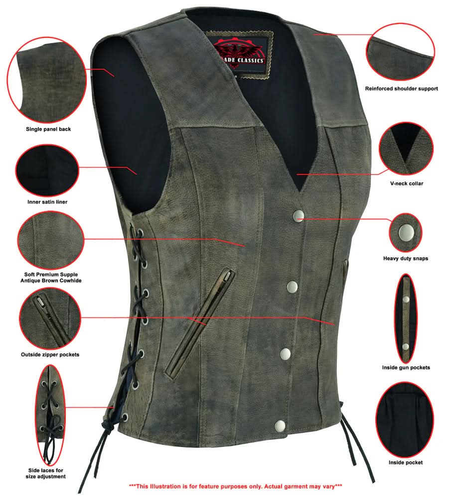 Women's Antique Brown Leather Western Style Vest