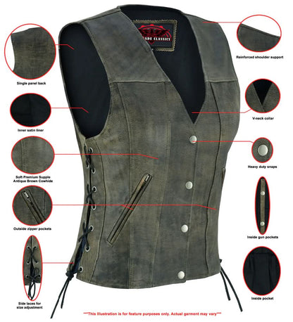 Women's Antique Brown Leather Western Style Vest