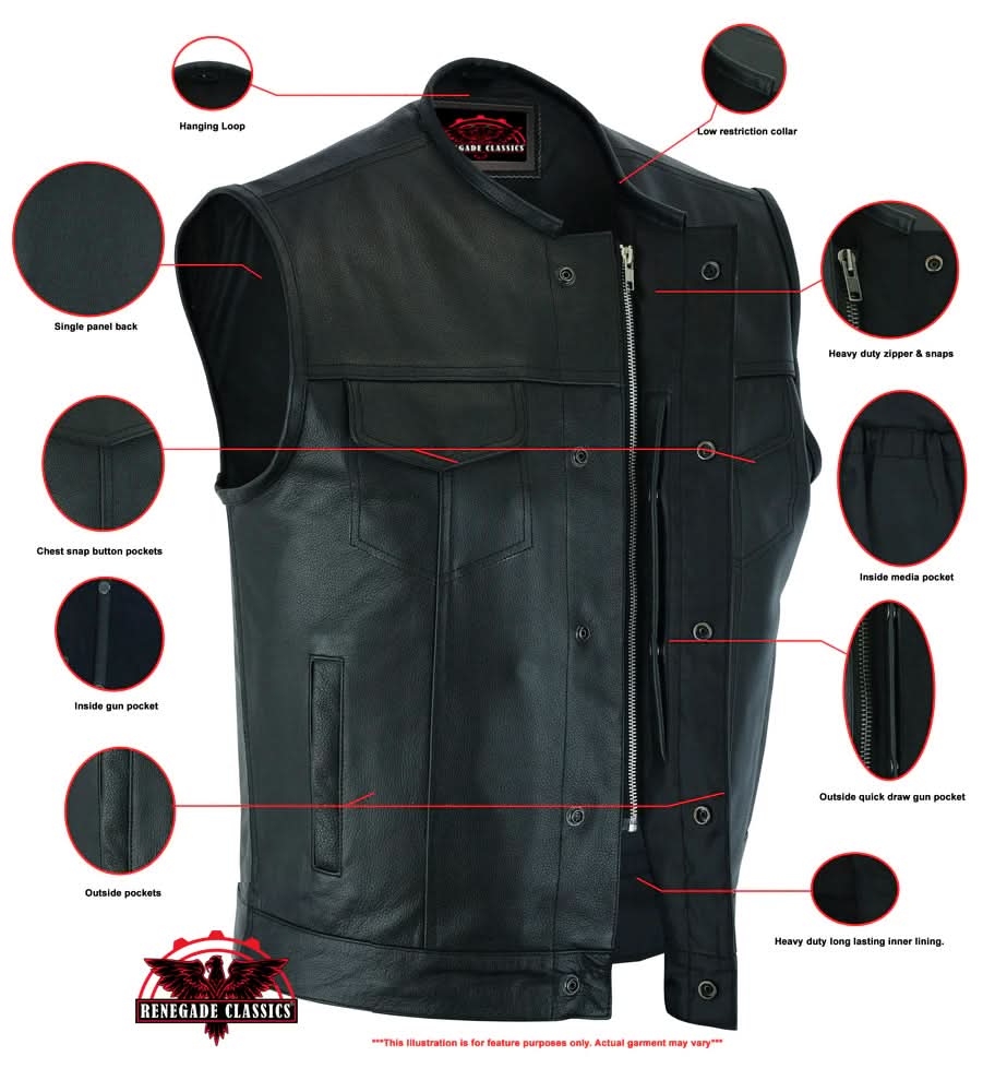 Men's Club Style "AM" Black Cowhide Leather Motorcycle Vest