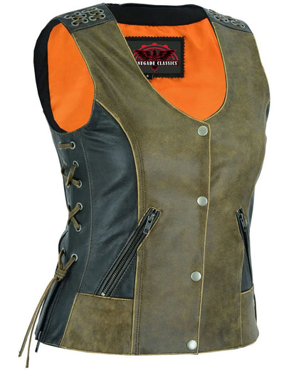 Women's Premium Leather Vest with Grommet and Lacing Accents - Two Tone