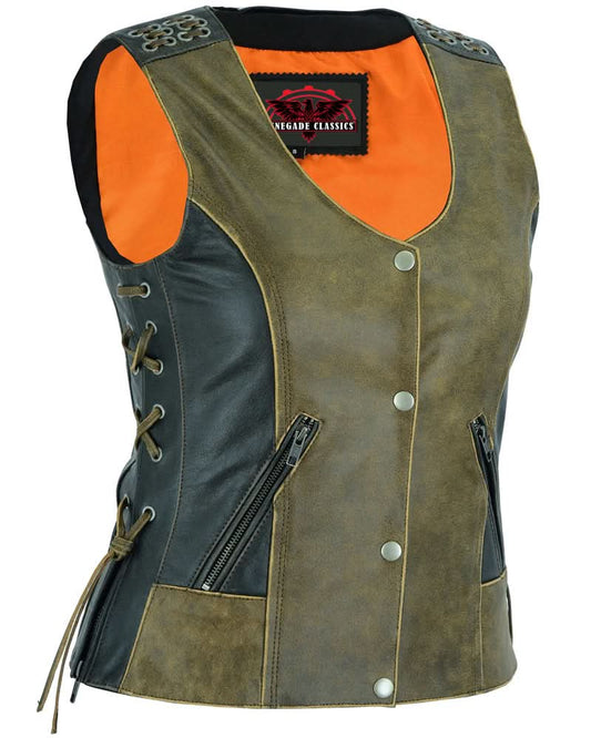 Women's Premium Leather Vest with Grommet and Lacing Accents - Two Tone