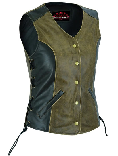 Women's Leather Longer Body Fitted Western Vest - Side Laces - Two Tone