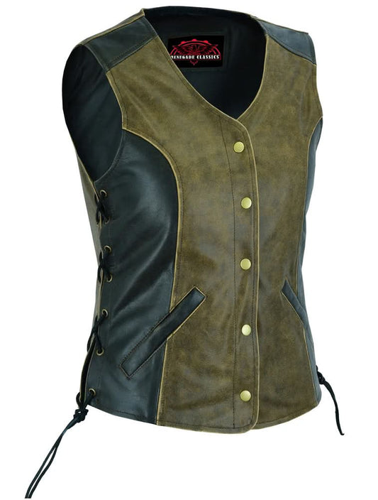 Women's Leather Longer Body Fitted Western Vest - Side Laces - Two Tone