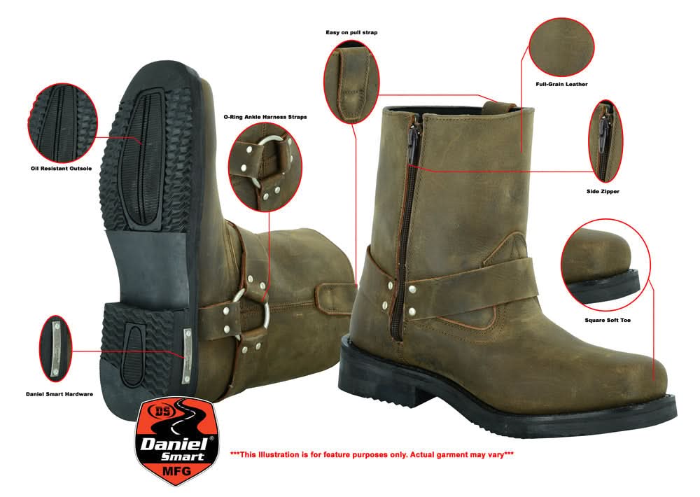 Men's Side Zipper Harness Waterproof Boots- Brown