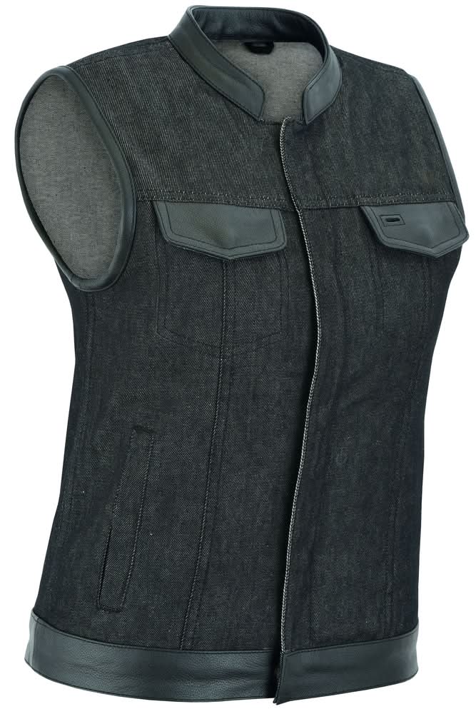 Women's Black Rough Rub-Off Raw Finish Denim Vest W/Leather Trim