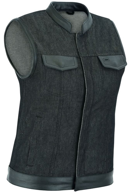Women's Black Rough Rub-Off Raw Finish Denim Vest W/Leather Trim