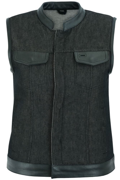 Women's Black Rough Rub-Off Raw Finish Denim Vest W/Leather Trim
