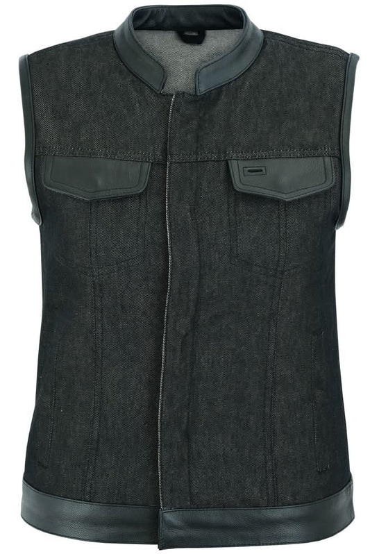 Women's Black Rough Rub-Off Raw Finish Denim Vest W/Leather Trim