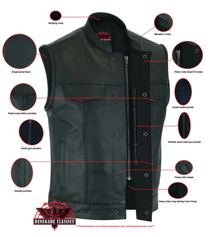 Men's Club Style Leather Vest "Blackhawk" with Scoop Collar