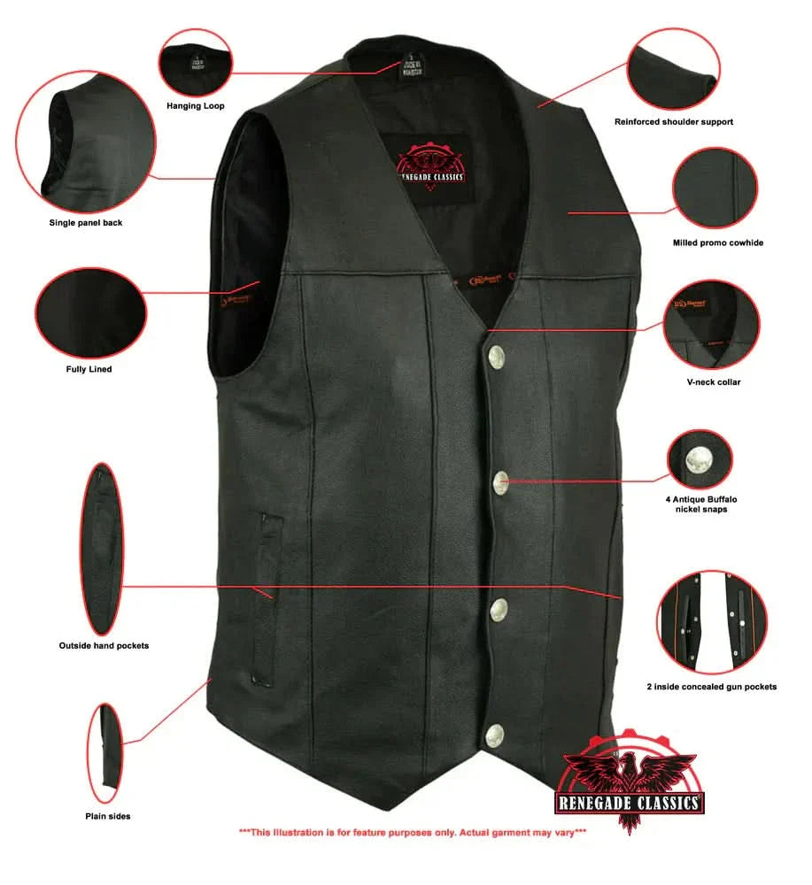 Men's Western Style Milled Single Back Panel Leather Vest - Black