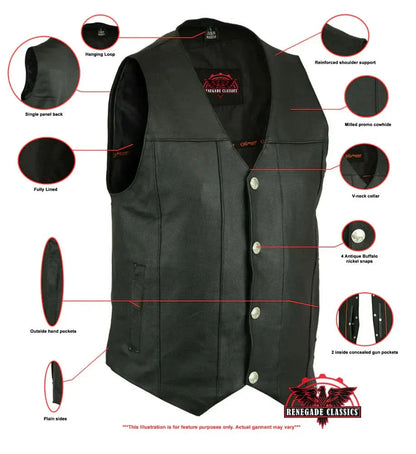 Men's Western Style Milled Single Back Panel Leather Vest - Black