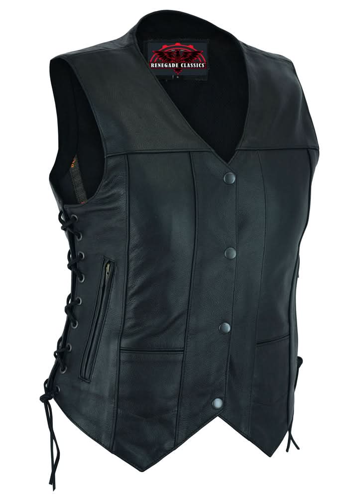 Women's Black Leather Motorcycle Vest with 6 Utility Pockets