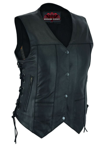 Women's Black Leather Motorcycle Vest with 6 Utility Pockets