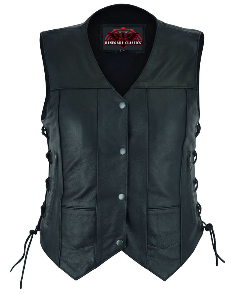 Women's Black Leather Motorcycle Vest with 6 Utility Pockets