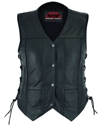 Women's Black Leather Motorcycle Vest with 6 Utility Pockets
