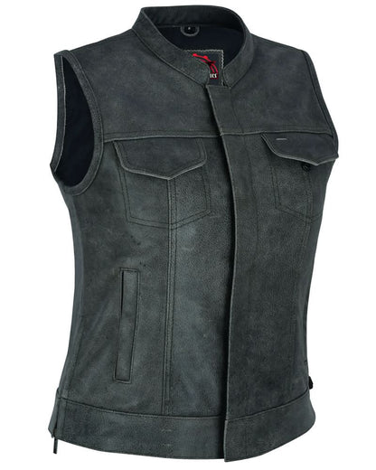 Women's Premium Gray Leather Club Style Vest- Single Back Panel