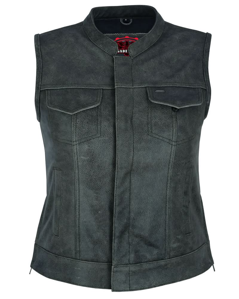 Women's Premium Gray Leather Club Style Vest- Single Back Panel