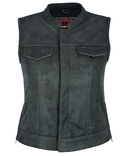Women's Premium Gray Leather Club Style Vest- Single Back Panel