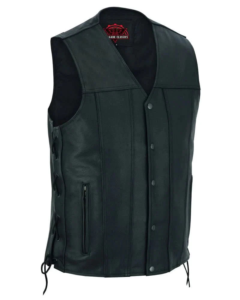 Men's TALL Classic Western Style Leather Vest Tapered Bottom- Black