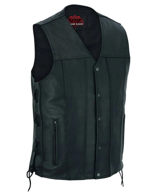 Men's TALL Classic Western Style Leather Vest Tapered Bottom- Black