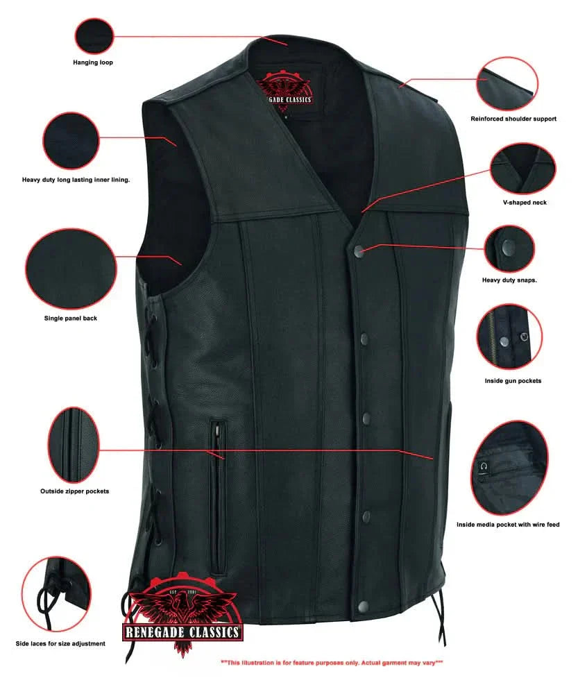 Men's TALL Classic Western Style Leather Vest Tapered Bottom- Black