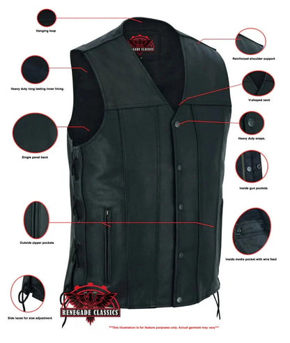 Men's TALL Classic Western Style Leather Vest Tapered Bottom- Black
