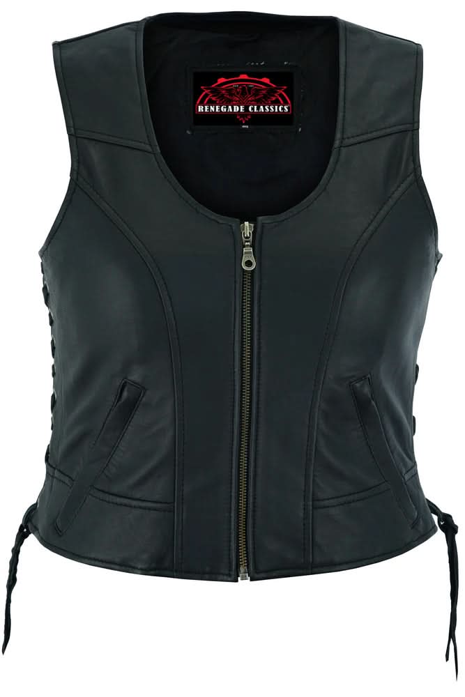 Women's Stylish Lambskin Leather Lightweight Vest, Side Laced