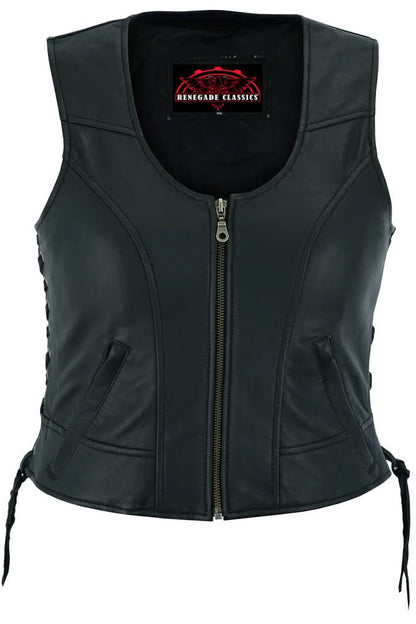 Women's Stylish Lambskin Leather Lightweight Vest, Side Laced
