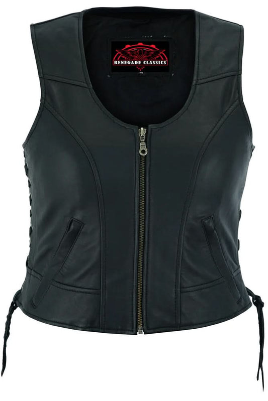 Women's Stylish Lambskin Leather Lightweight Vest, Side Laced