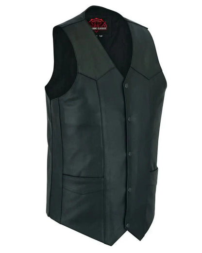 Men's Tall Classic Motorcycle Leather Vest with scaped bottom - Black