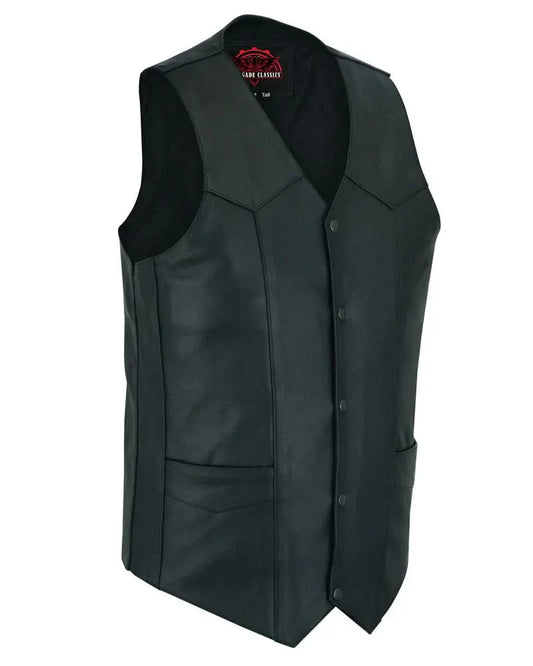 Men's Tall Classic Motorcycle Leather Vest with scaped bottom - Black